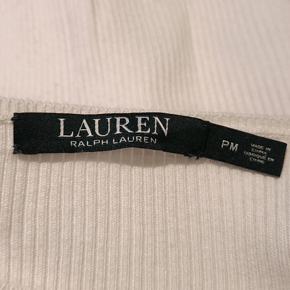 Ralph Lauren signature sweater in off-white with black ruffle sleeve Size M - Picture 7 of 9